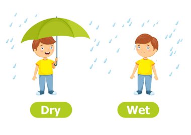 Vektör zıt anlamlı ve karşıtların. Kuru ve ıslak. Çizgi film karakterleri çizimde beyaz arka plan üzerinde. Bir yabancı dil öğrenme için yardım öğretim için kartı.