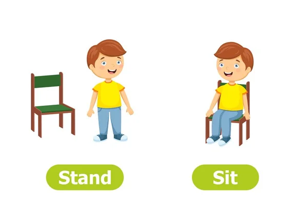 Vektorantonyme Und Gegensätze Stehen Und Sitzen Zeichentrickfiguren Illustration Auf Weißem — Stockvektor
