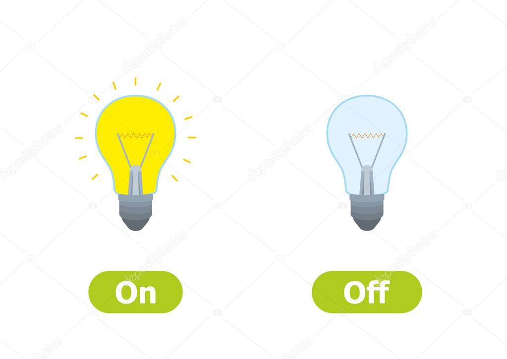Vector antonyms and opposites. On and Off. Illustrations on white background. Card for children an be used as a teaching aid for a foreign language learning. 