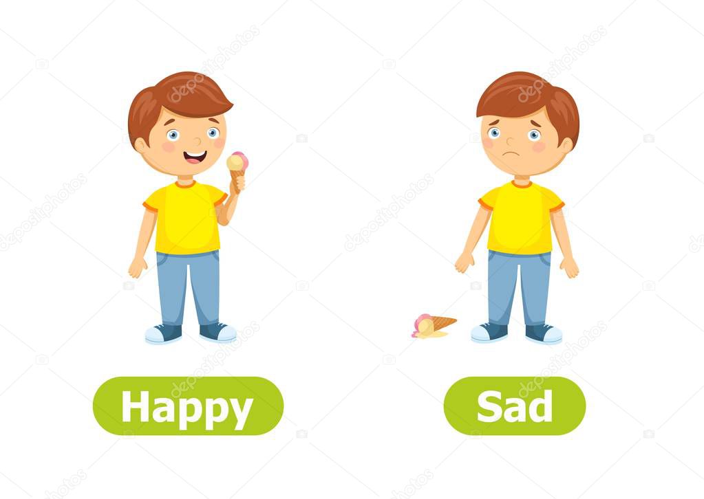 Vector antonyms and opposites. Happy and Sad. Cartoon characters illustration on white background. Card for teaching aid, for a foreign language learning.