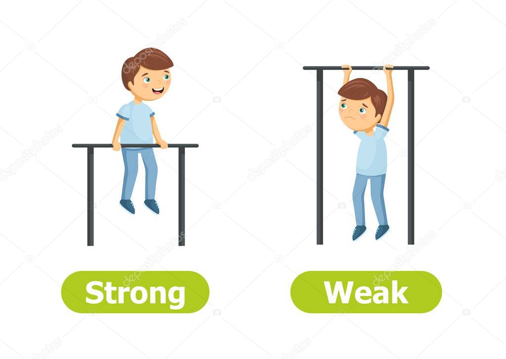 Vector antonyms and opposites. Strong and Weak. Cartoon characters illustration on white background. Card for teaching aid, for a foreign language learning.