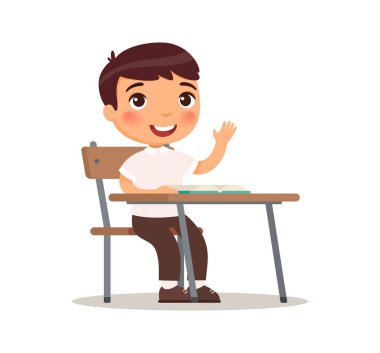 Okul çocuğu elini cevabını yükseltir. Vektör çizim karikatür tarzı. Beyaz arka plan üzerinde izole