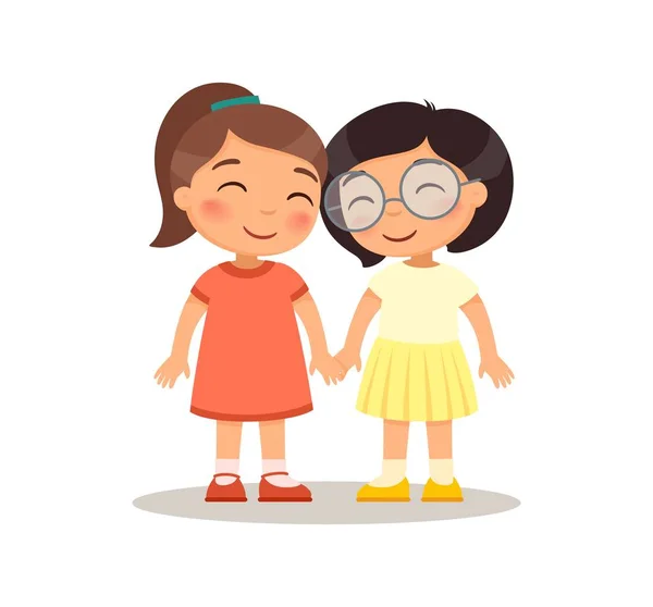 Χαμογελαστά Κορίτσια Παιδιά Κρατώντας Χέρια Παιδιών Χαρακτήρες Κινουμένων Σχεδίων Επίπεδη — Διανυσματικό Αρχείο