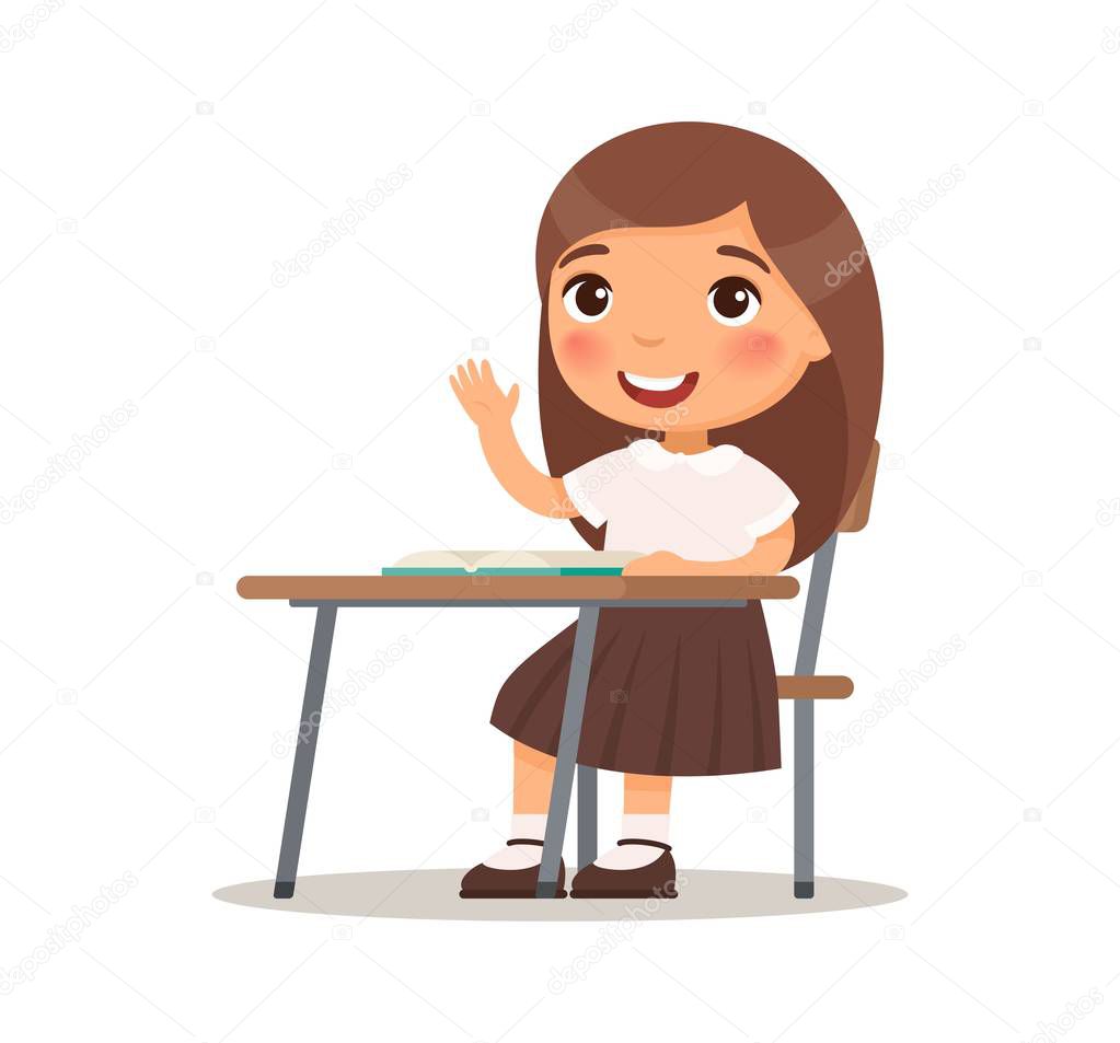 Schoolgirl raises her hand for an answer. Vector illustration in cartoon style. Isolated on white background