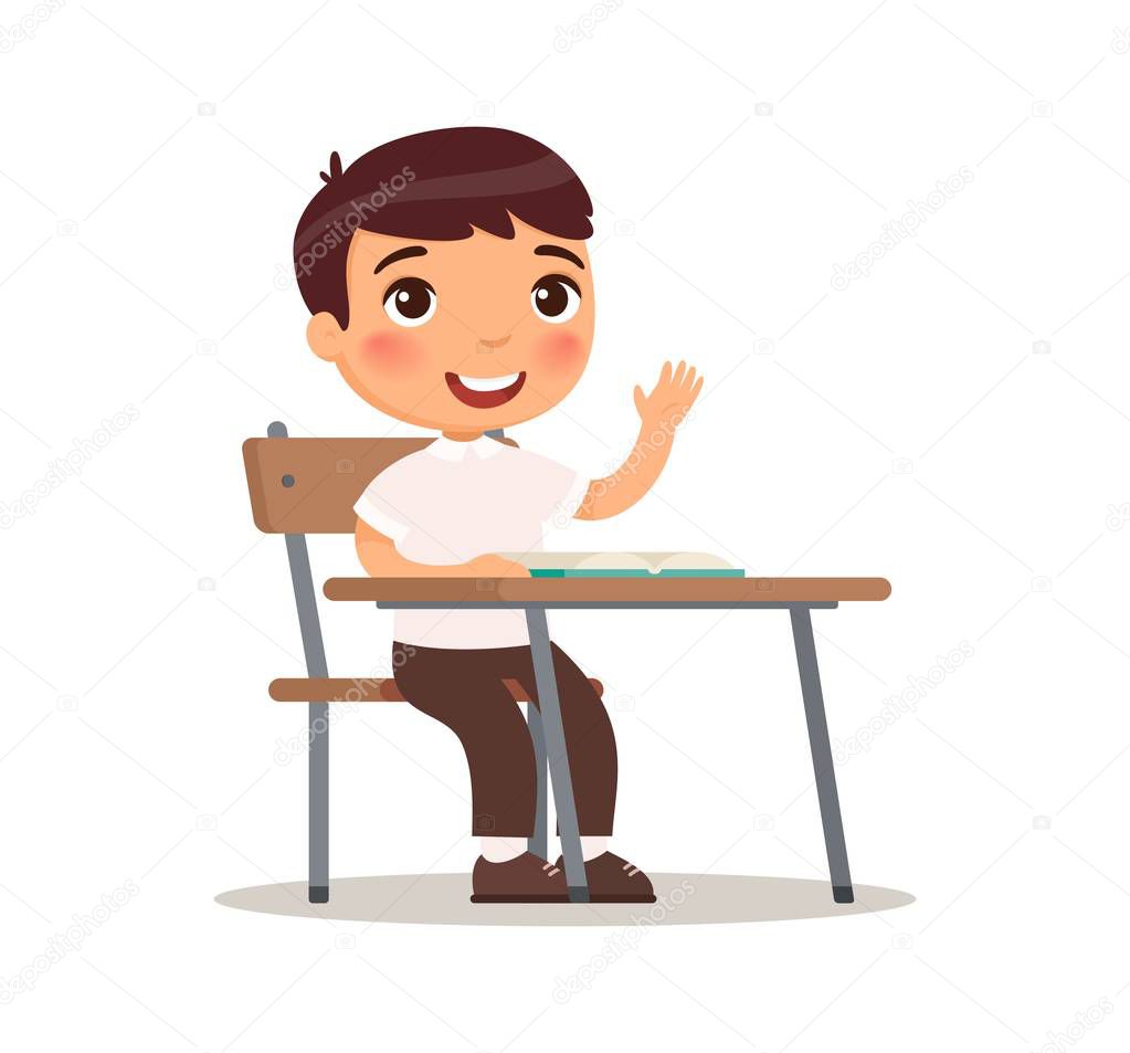 Schoolboy raises her hand for an answer. Vector illustration in cartoon style. Isolated on white background