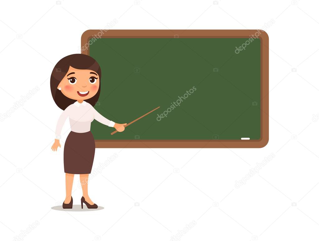Teacher stands in front of a blackboard at school, college or university. Cartoon character design. Isolated on white background