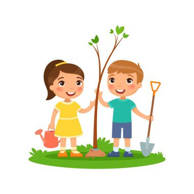 Çevre vektör sahne. Erkek ve kız ile sulama olabilir ve fide dikim için kürek