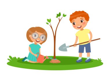 Erkek ve kız bitki ve ağaçların sulama için. Vektör çizim Dünya günü veya ağaç dikme günü 