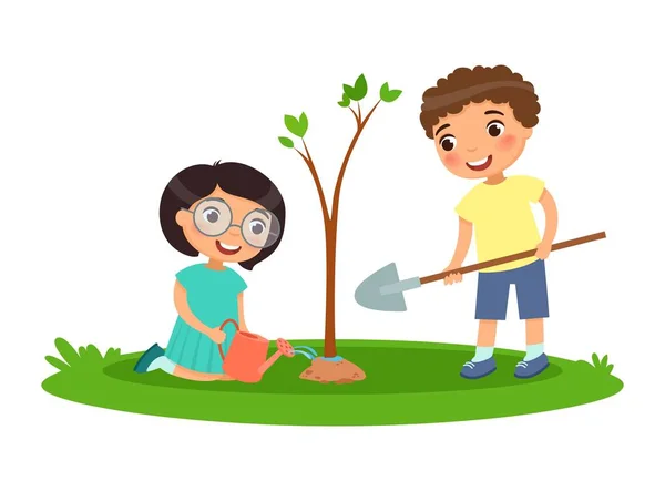 Chłopiec Dziewczynka Sadzenia Podlewania Drzew Ilustracja Wektorowa Arbor Day Lub — Wektor stockowy