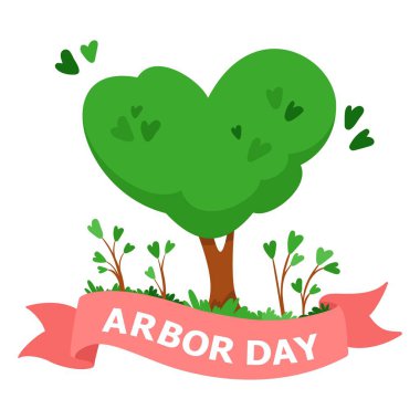 Ağaç dikme günü vektör Illustrationgreen kalp-ağaç ve pembe kurdele. Beyaz arka plan üzerinde vektör çizim