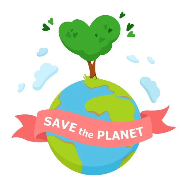 保存行星概念画报绿色心树在行星地球和粉红色的丝带 向量例证在白色背景 — 图库矢量图片