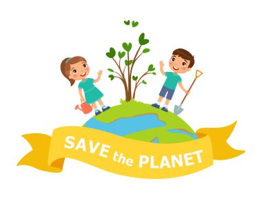 Cartoon boy and girl with watering can and shovel for planting seedling. Save the planet vector Illustration.  clipart