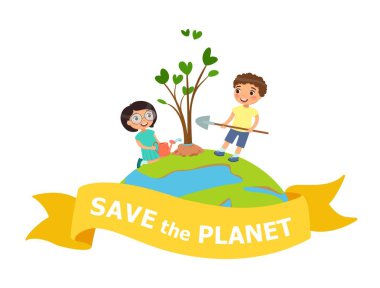 Save the planet - Mother Earth Day concept vector Illustration.Cartoon boy and girl planting and watering tree. clipart