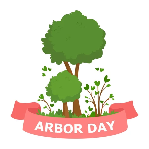 Arbor Day cartoon vector Illustration. Green trees and pink ribbon