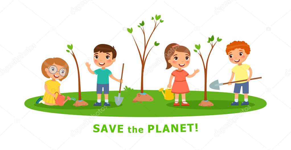 Vector cartoon scenes on environmental issues. Boys and girls for planting and watering trees.