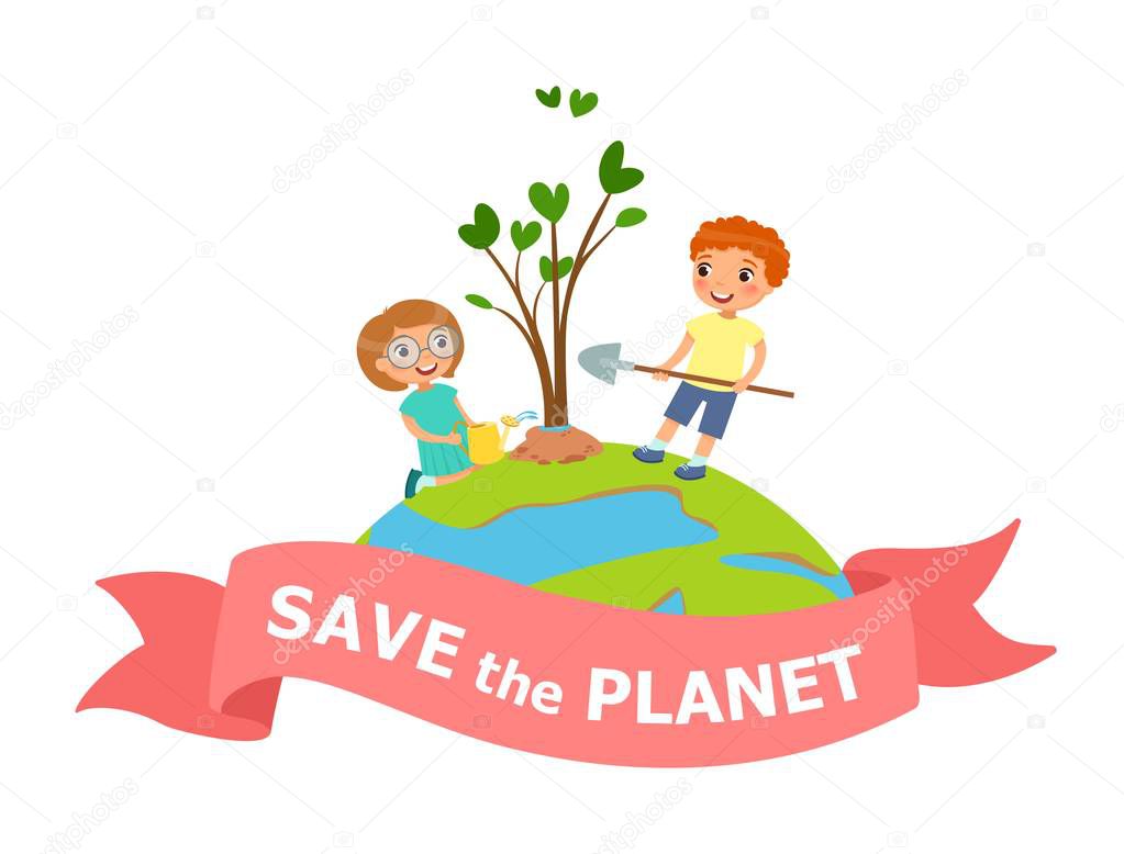 Cartoon boy and girl planting and watering tree.Save the planet - Earth Day concept vector Illustration.