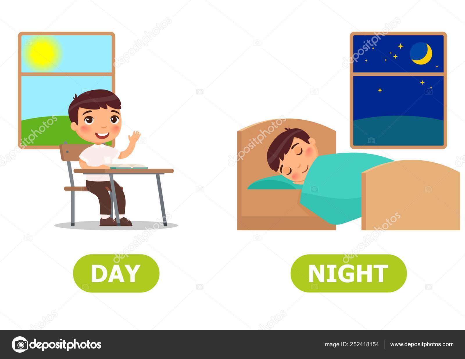 Boy Sitting School Desk Boy Sleeping Bed Day Night Illustration