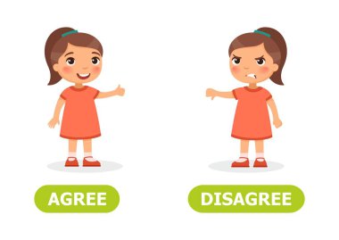 Kız yukarı ve aşağı başparmak gösterir. Wordcard anlaşmak için karşısında ve illüstrasyon katılmıyorum