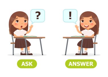 Kız bir okul Masası ve yükselterek el oturuyor. Wordcard sormak ve cevap illüstrasyon için karşısında.