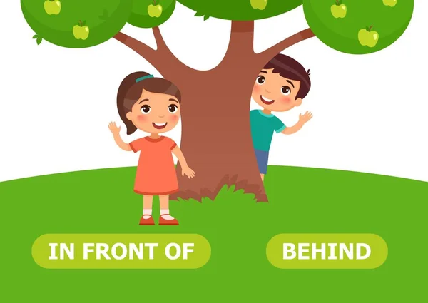 女孩站在树前 男孩站在一棵树后面 相反的词卡片的例证 — 图库矢量图片