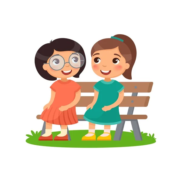 Dos Chicas Están Sentadas Banco — Vector de stock