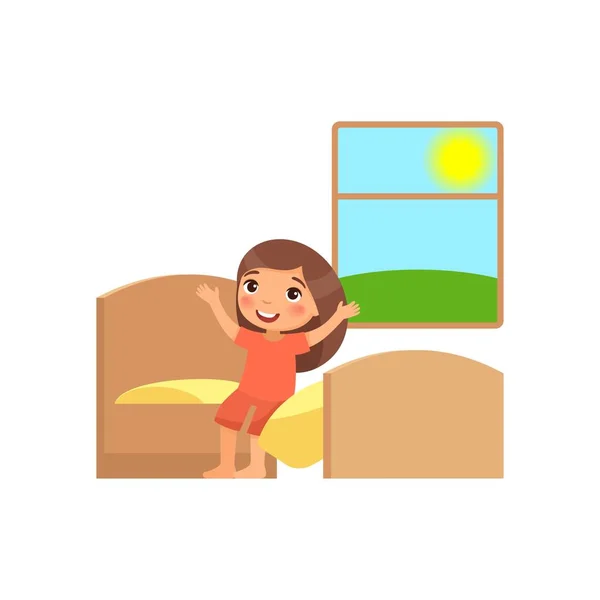 Girl Wakes Sits Bed Daily Regime Vector Illustration — Stock Vector