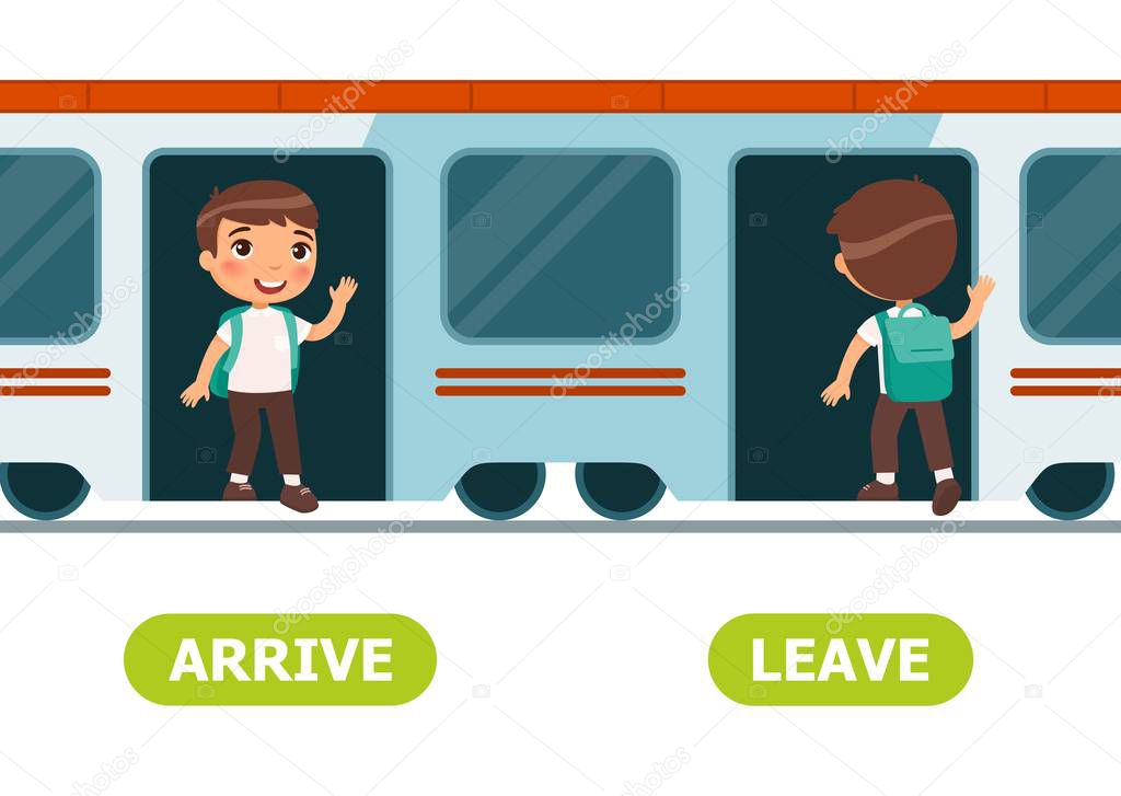 Boy gets out of  train, boy gets on train. English opposite word of arrive and leave illustration