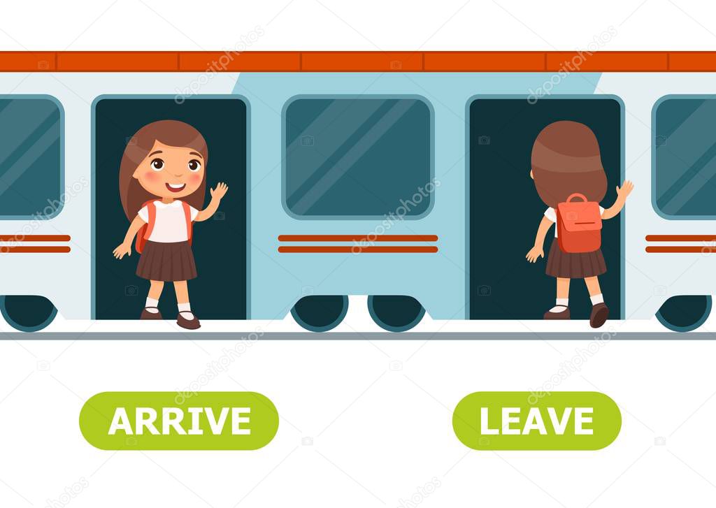 Girl gets out of train, girl gets on train. Arrive and leave illustration. Vocabulary English opposite words. 