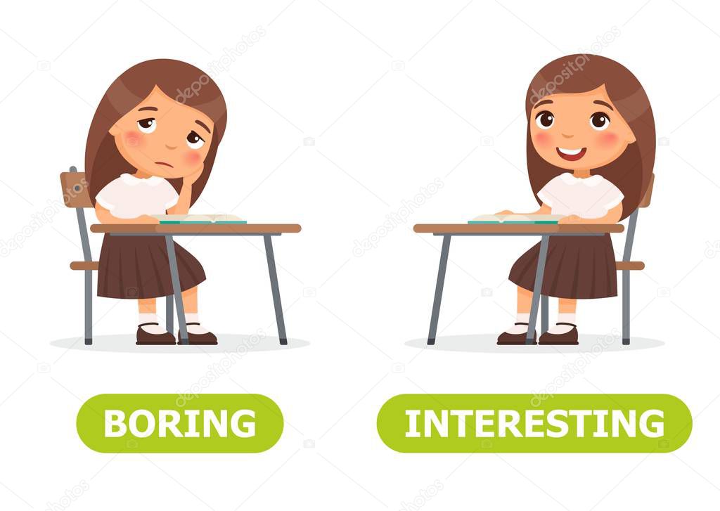 Girl is sitting at the school desk and she is bored, she is interested