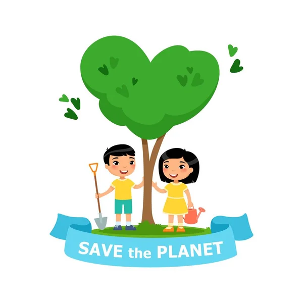 男孩和女孩在地球上种了一棵树 保存行星 向量概念例证在白色背景 — 图库矢量图片