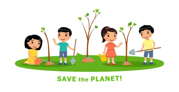 男孩和女孩在地球上种了一棵树 拯救地球 — 图库矢量图片