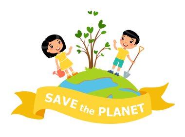 Erkek ve kız dünya gezegeninde bir ağacı diktik. Planet - konsept illüstrasyon vektör.