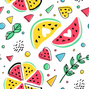 Karpuz, nane ve geometrik figürler ile dikişsiz hipster desen. Parlak yaz arka plan.  