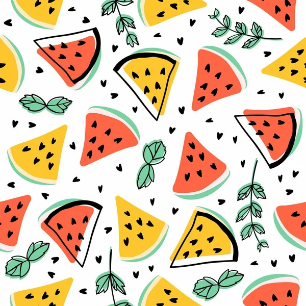 Seamless Vector Pattern Watermelons Mint Bright Summer Background — Stock Vector