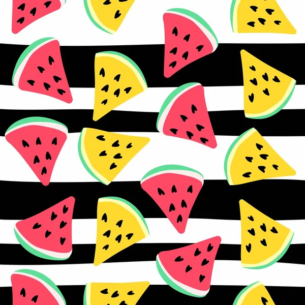 Seamless Hipster Pattern Watermelons Geometric Figures Slices Striped Black White — Stock Vector