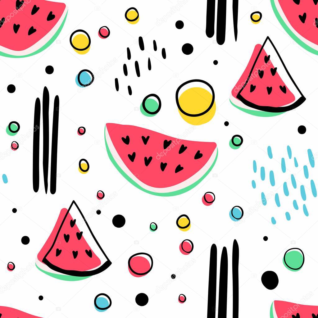 Seamless hipster pattern with watermelons and geometric figures. Bright summer background.