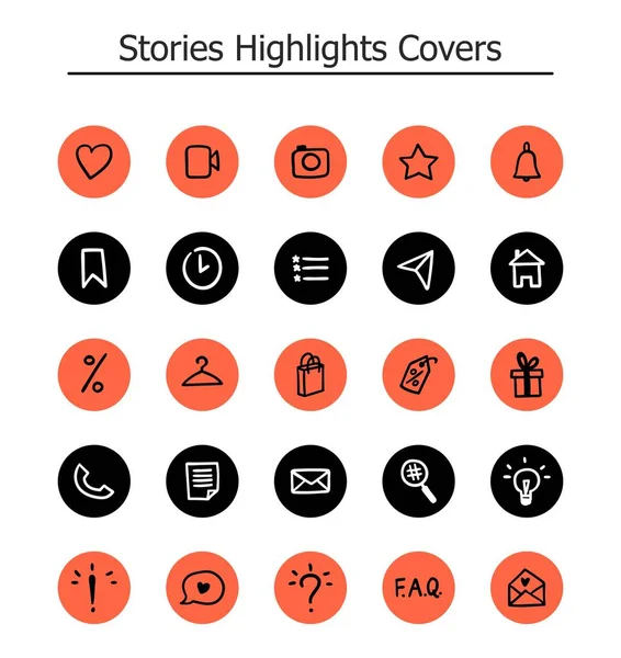 Trendy Highlights Hikayeler Simgeleri. Mercan, siyah beyaz renklerde 25 el çizilmiş illüstrasyon kapakları ayarlayın. Tamamen değiştirilebilir, ölçeklenebilir vektör dosyası.