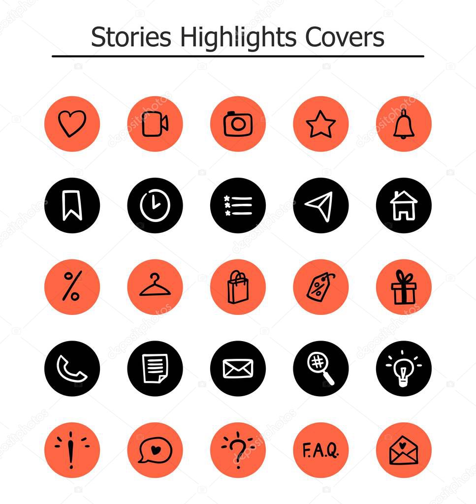 Trendy Highlights Stories Icons. Set of 25 hand drawn illustration covers in coral, black and white colours. Fully editable, scalable vector file.