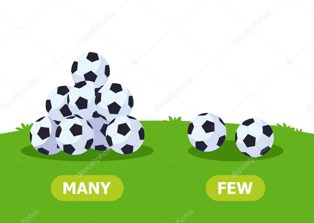 Illustration of opposites. Lots and few soccer balls
