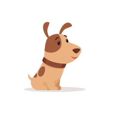 Küçük köpek yavrusu gülümsüyor ve oturuyor. Beyaz arka planda vektör çizimi.