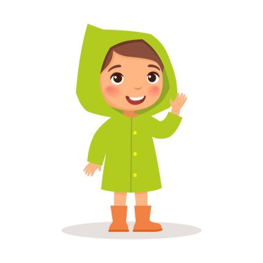 Yeşil yağmurluk ve turuncu lastik çizmeler içinde duran küçük kız. Beyaz arka plan, karikatür tarzı vektör illüstrasyon.