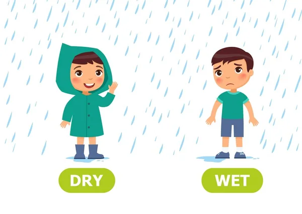 Little Boy Raincoat Raincoat Rain Illustration Opposites Dry Wet Card — Stock Vector