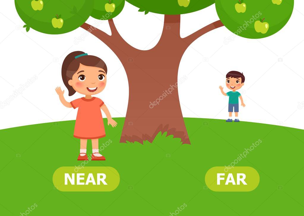 Illustration of opposites. Girl stands near and boy stands far