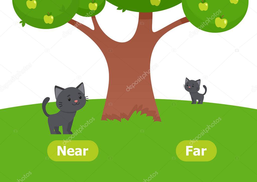 The kitten is near and far. Illustration of opposites near and far. Card for teaching aid, for a foreign language learning. Vector illustration on white background, cartoon style.