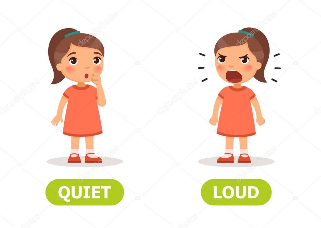 The little girl screams and silent. Illustration of opposites loud and quiet. Card for teaching aid, for a foreign language learning. Vector illustration on white background, cartoon style.