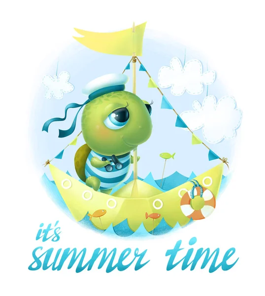 Cute Turtle Sailor Floats Boat Sea Summer Time Bright Lettering — Stock Photo, Image