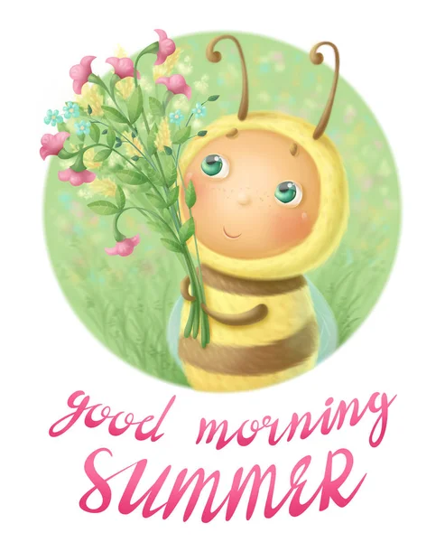 Cute bee with a bouquet of wildflowers. Good morning summer - bright lettering. Illustration for postcards and t-shirt printing.