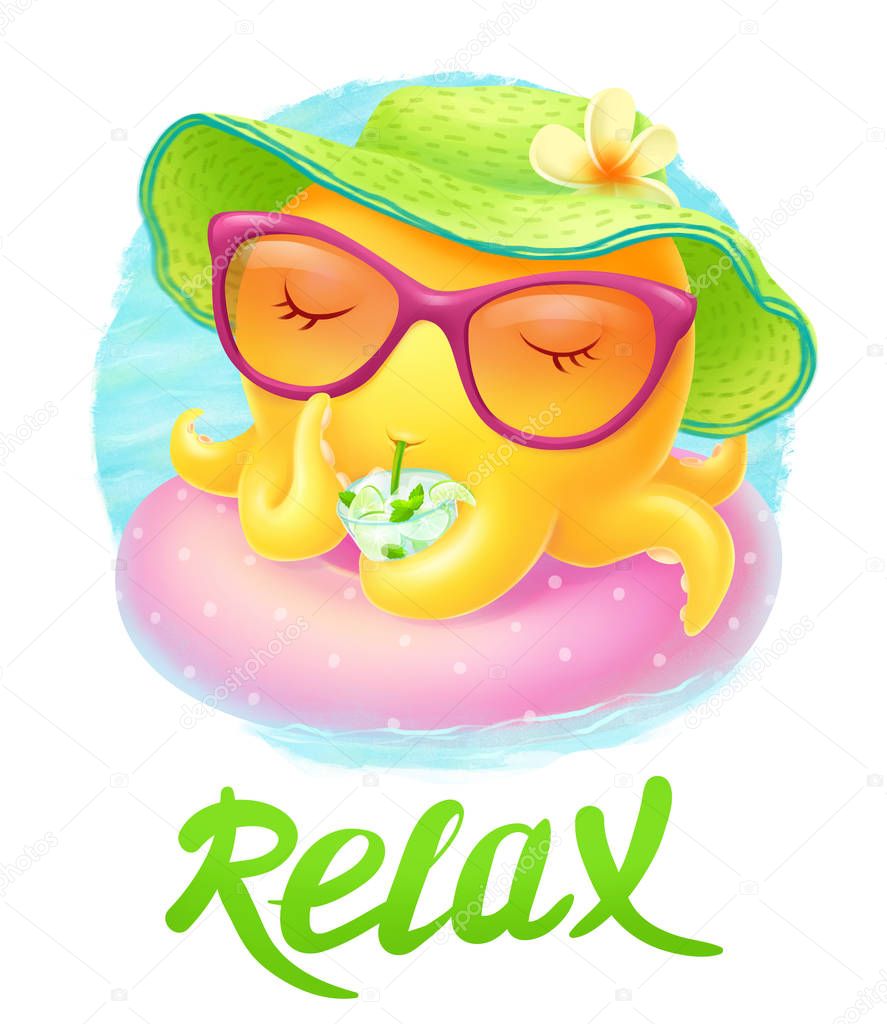 Cute yellow octopus in the hat on the swimming circle drinking mojito in the pool. Relax bright lettering. Illustration for postcards and t-shirt printing.