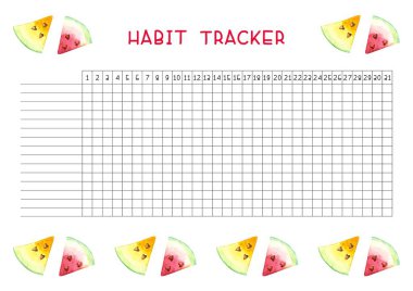 Eğilim tasarımı ile boş alışkanlık izci. Aylık Planlayıcı şablonu. Suluboya karpuzları ve nane parlak çizimler. Vektör illüstrasyonları.