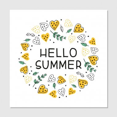 Bu yaz saati karikatür düz el çizilmiş yazı 's. Yazlık plaj partisi davetiye. Tropikal meyve, kalpler ve nane Cliparts bırakır. Yaz afiş, tişört, poster kavramı. Vektör Illustration